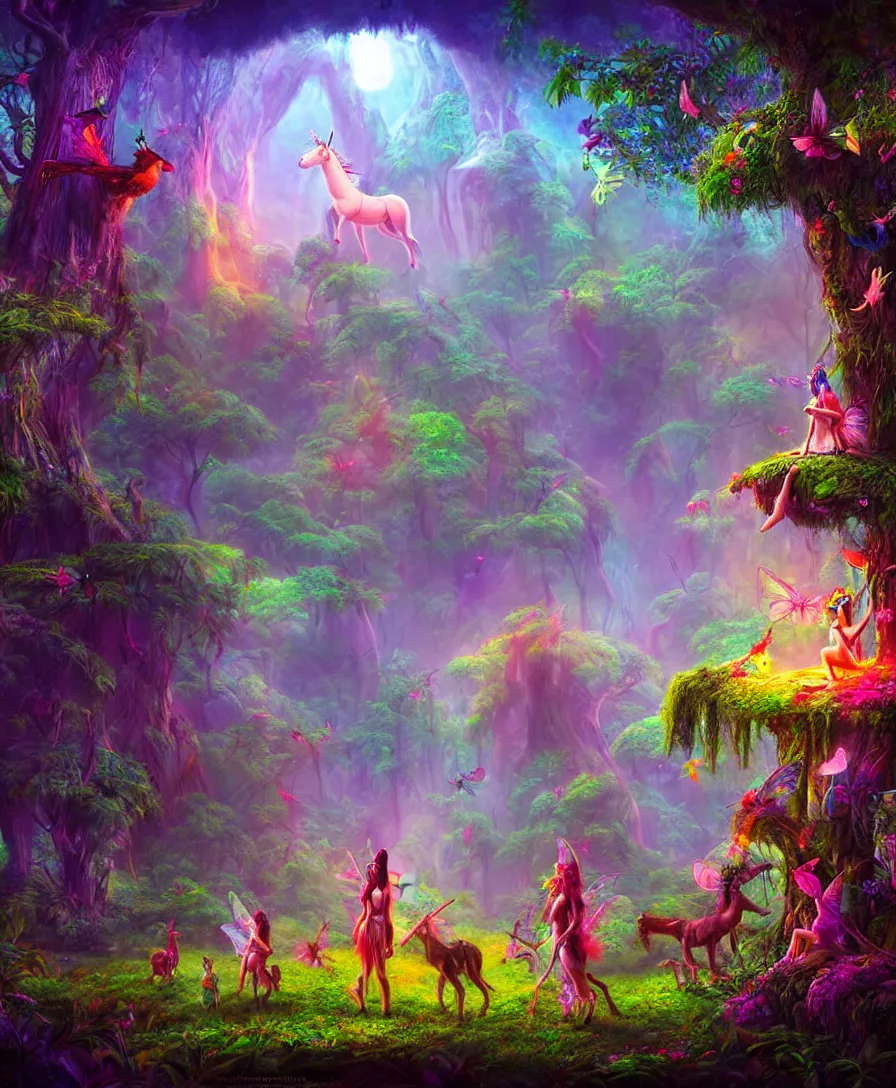 Prompt: fairy tell story of jungle, unicorns standing on ground, psychedelic colorful birds sitting on trees, concept art, digital painting, cinematic lightening, people are wearing masks, wide angle shot, in the style of greg rutwoski, very hyper realistic, highly detailed, fantasy art station