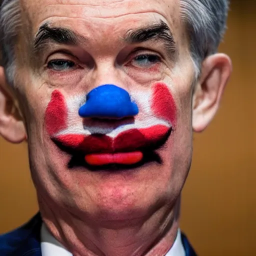 Prompt: Jerome Powell with colorful clown makeup whiteface all over his face