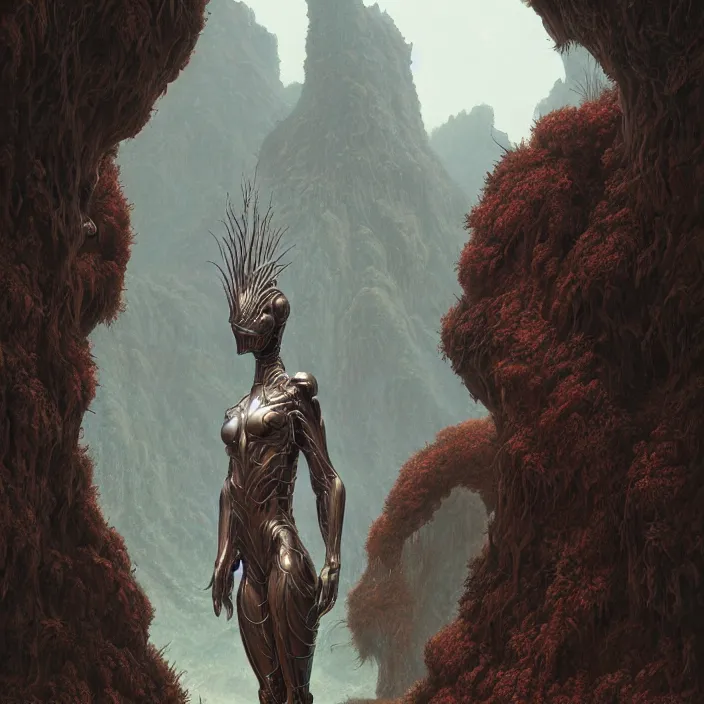 Prompt: a vertical portrait of a character in a scenic environment by wayne barlowe, dreamy hazy, biological armor, highly detailed, 3 d render, vray, octane, realistic lighting