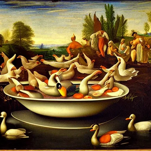 Image similar to ducks swimming in a big bowl of soup, renaissance painting, morning lighting, 8k