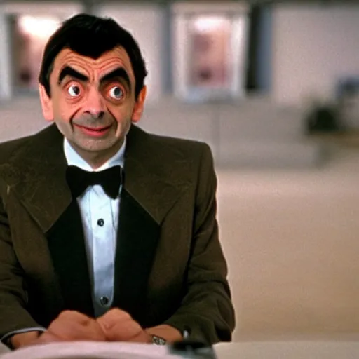 Image similar to a movie still of mr bean as a 1 9 8 0 s supervillain