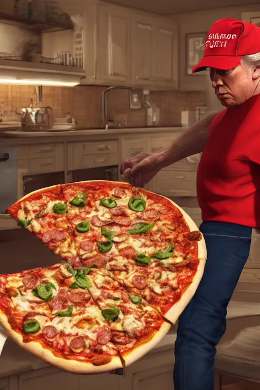 Prompt: trump making a pizza, long shot, cinematography by wes anderson, 4 k octane render, intricate detail, photorealistic, cinematic lighting, artstation