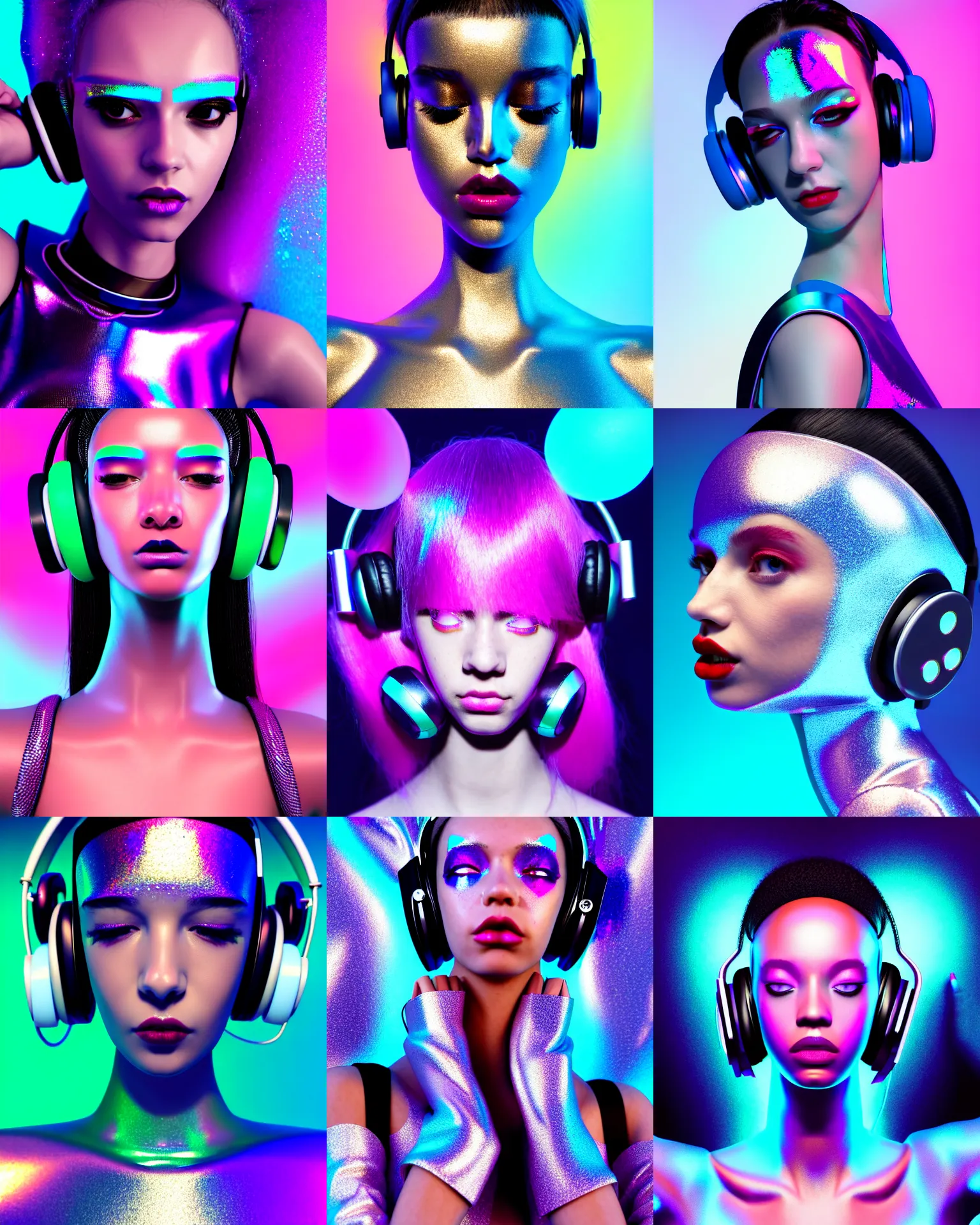 Prompt: BOTS magazine cover body portrait fashion pose ::100 of a pearlescent iridescent college teen cyborg on a crowded packed nyc sidewalk, high fashion photoshoot, hair worn up, earrings and headphones, cute rave outfit, ::80 octane render, morning, trending on artstation, anime girl, ue5, sci-fi, science fiction, ::65 rossdraws, nixri, gui guimaraes, Greg rutkowski, ::75 Madison beer, ::200