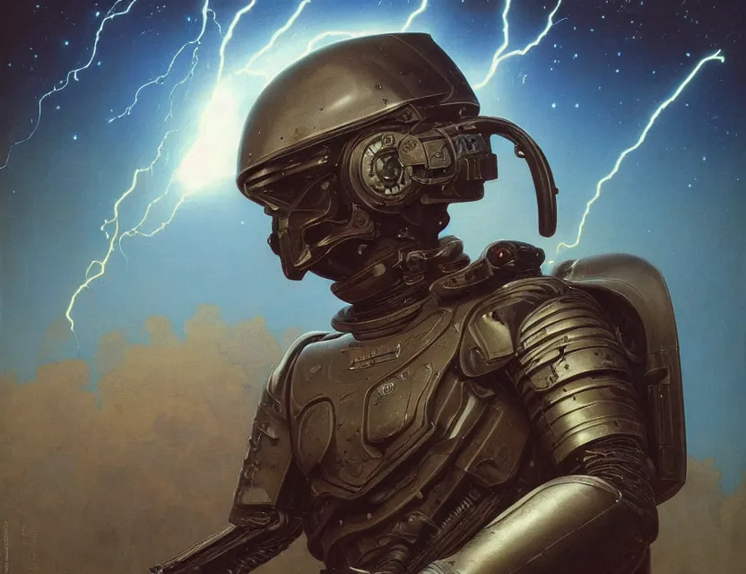 Image similar to a detailed portrait painting of a bounty hunter in combat armour and visor. cinematic sci-fi poster. Flight suit, accurate anatomy. portrait symmetrical and science fiction theme with lightning, aurora. lighting. clouds and stars. Futurism by beksinski carl spitzweg moebius and tuomas korpi. baroque elements. baroque element. intricate artwork by caravaggio. Oil painting. Trending on artstation. 8k