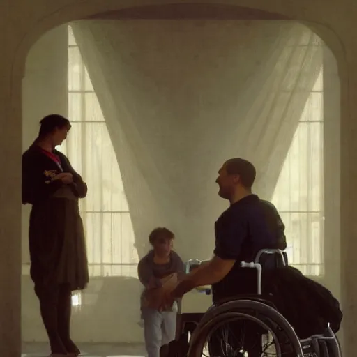 Image similar to a male patient in a wheelchair in the hospital with his wife and son standing by. happy, cheerful, smiling, intricate, face enhance, sharp focus, cinematic lighting, featured in artistation, 8 k, art by greg rutkowski, william adolphe bouguereau