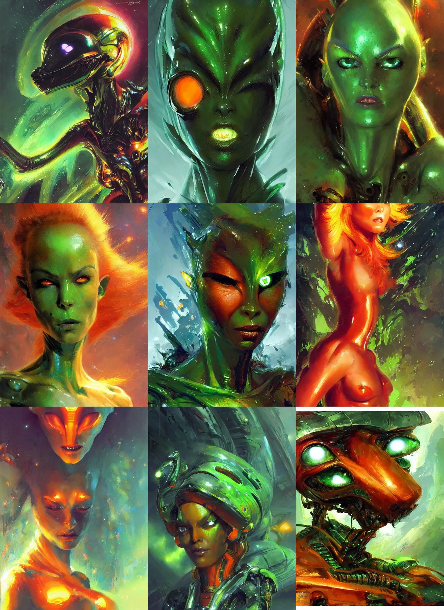 Prompt: beautiful female alien with glowing green eyes, orange skin and long fiery hair, concept art by John Berkey, highly detailed, ultra detailed, ultra realistic, trending on artstation