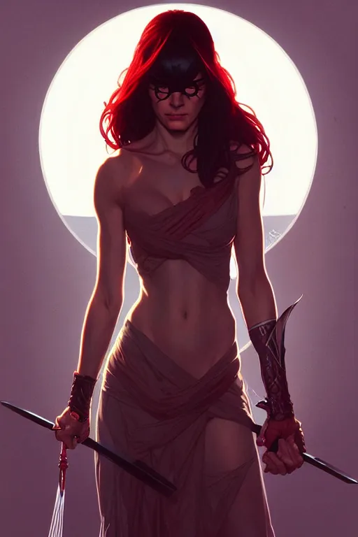 Image similar to a portrait of elektra, fantasy, sharp focus, intricate, elegant, digital painting, artstation, matte, highly detailed, concept art, illustration, ambient lighting, art by ilya kuvshinov, artgerm, alphonse mucha, and greg rutkowski