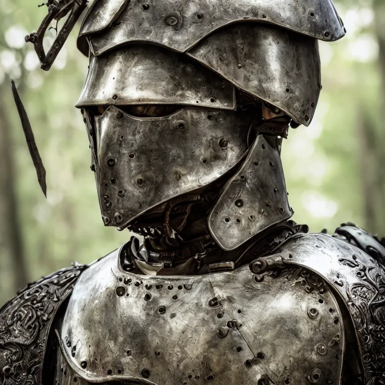 Image similar to closeup portrait photo of an armoured male warrior, in a forest, medieval style, elegant, highly detailed, centered, digital painting, smooth, sharp focus, 8 k. lifelike. soft light. nikon d 8 5 0