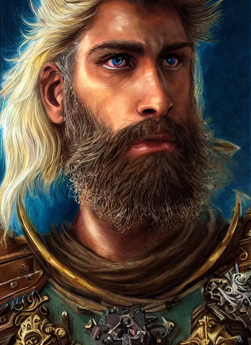 Image similar to A Human Male Paladin, highly detailed face, glowing white eyes, shaggy hair, scruffy brown beard, Teal flames surrounding, medium armor, wings, fantasy, intricate, elegant, highly detailed, digital painting, artstation, concept art, smooth, sharp focus, illustration, art by Larry Elmore and Jeff Easley and Clyde Caldwell