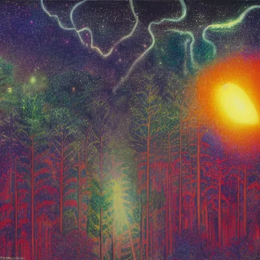 Image similar to psychedelic glowing animal eyes lush pine forest, outer space, milky way, designed by arnold bocklin, jules bastien - lepage, tarsila do amaral, wayne barlowe and gustave baumann, cheval michael, trending on artstation, star, sharp focus, colorful refracted sparkles and lines, soft light, 8 k 4 k