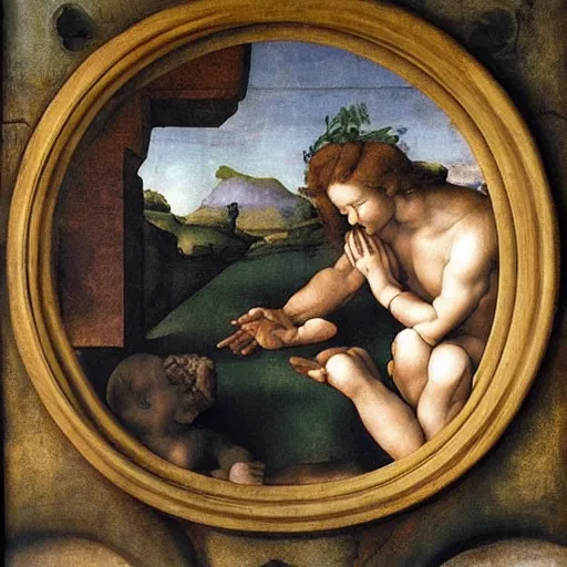 Image similar to atmospheric beautiful men's fingers are folded in the form of a loving heart in a bright spring room, wrote renaissance michelangelo