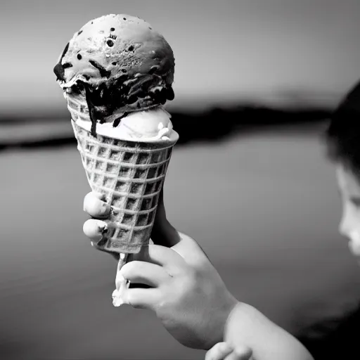 Prompt: that feeling when you drop your ice cream, realistic, photo, national geographic, high contrast, black and white, emotion