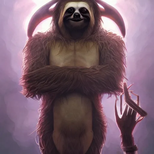 Image similar to unholy sloth, animal sloth, anthropomorphic sloth, demon, demonic robes, unholy light aura, ultra details, art by artgerm, dwayne barlowe, trending on artstation and greg rutkowski and alphonse mucha, 8 k