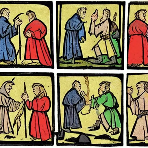 Prompt: a comic strip from medieval age, focused, detailed, sharp edges