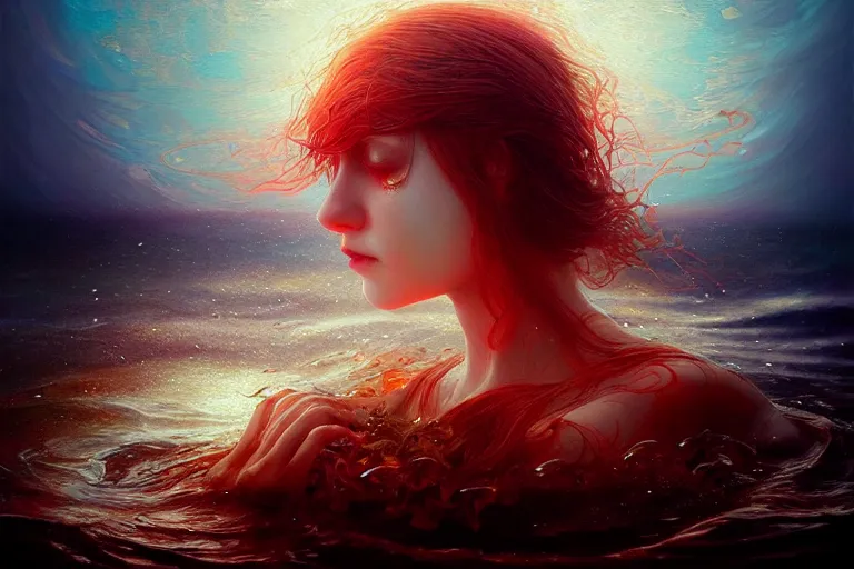Image similar to ocean with fallen angel crying tears of blood in a canvas that catches fire, magical, concept art, art nouveau, inspired by Reylia Slaby, Peter Gric, Andrew Ferez, trending on artstation, volumetric lighting, intricate, ornate, CGsociety