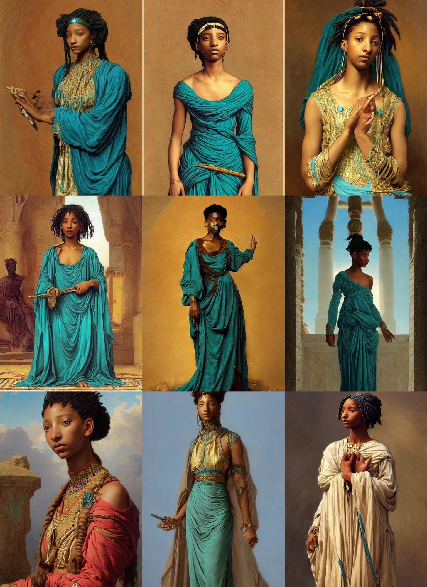 Prompt: willow smith as ancient libyan, teal dress, intricate, elegant, highly detailed, digital painting, artstation, concept art, smooth, sharp focus, illustration, orientalism, edwin long, bouguereau, rutkowski