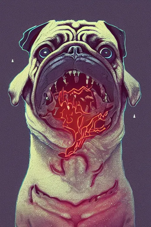 Image similar to demon pug eating flesh. art by mike winkelmann, sticker, illustration, highly detailed,