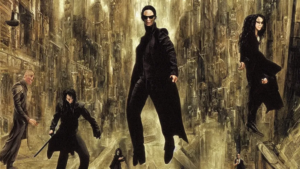 Image similar to an oil painting in the style of alan lee depicting the movie the matrix ( 1 9 9 9 )