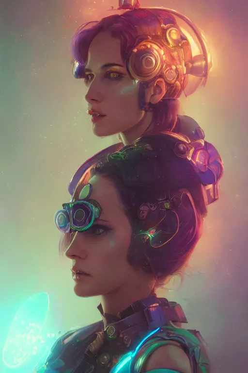 Image similar to portrait of a psychedelic steampunk girl with biotechnical parts and neon light by Artgerm and Greg Rutkowski , digital painting, highly detailed, trending on artstation