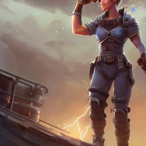 Image similar to beautiful muscular female gnome engineer, casting lightning magic, short black pixie undercut hair, standing on ship deck, naval background, intricate, D&D, highly detailed, full body portrait, wide angle, digital painting, artstation, smooth, sharp focus, great composition, illustration, art by Greg Rutkowski, trending on artstation