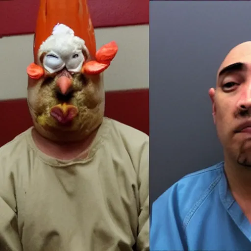 Image similar to inmate wearing chicken face and chicken head