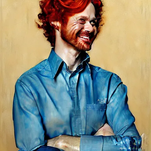 Prompt: hyper realistic painting portrait of a smiling redhead by stjepan sejic, by norman rockwell, by michael hussar, turquoise background