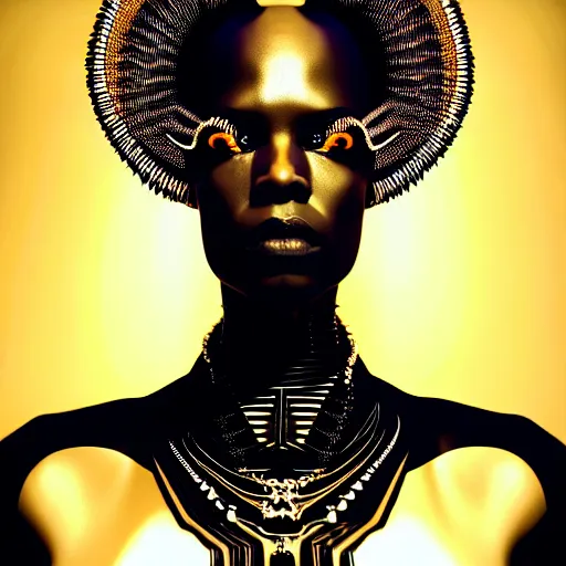 Image similar to portrait of an absurdly beautiful, graceful, sophisticated, fashionable black cyberpunk mechanoid gravure idol, hyperdetailed illustration by irakli nadar, maria borges, matt wisniewski style, intricate linework, dark black skin, neon jellyfish headdress, ivory carved ruff, unreal engine 5 highly rendered, global illumination, golden light, detailed and intricate environment