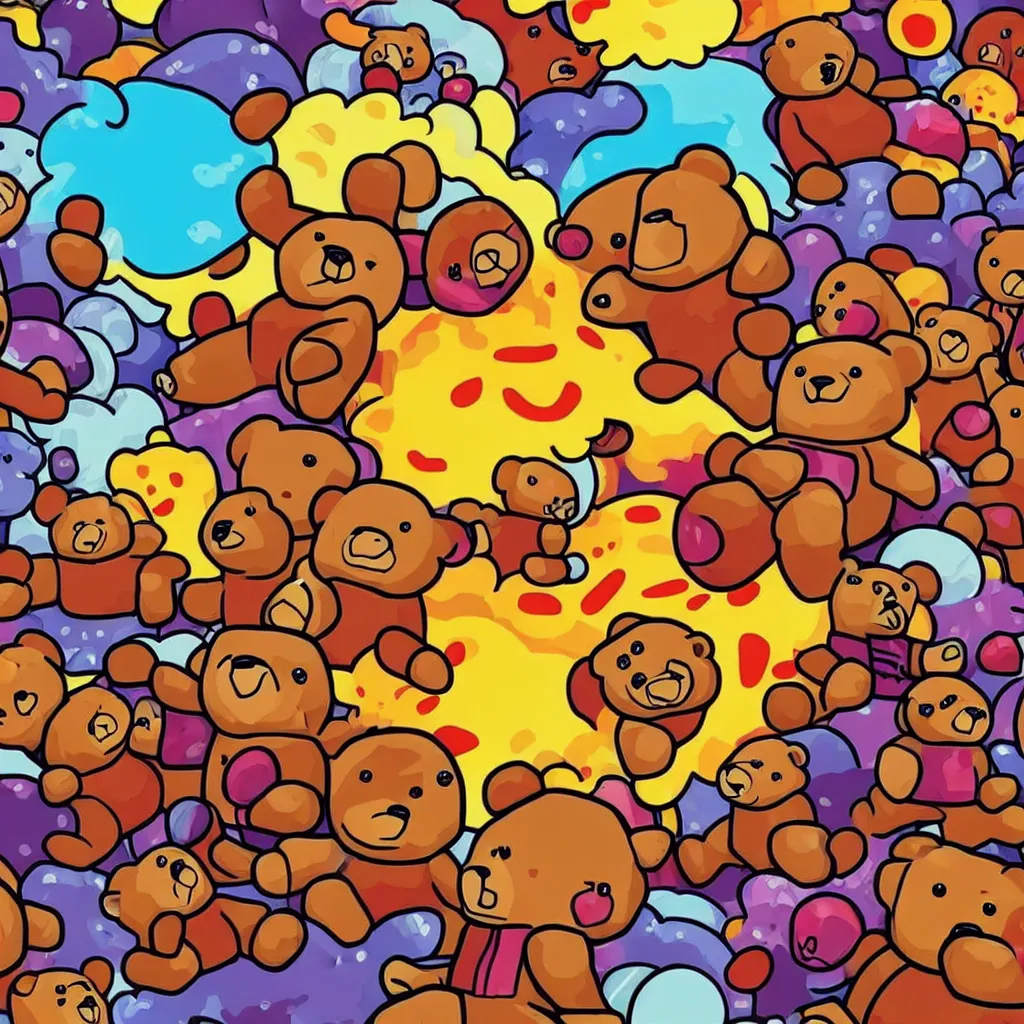 Image similar to a lot of teddy bears fights in epic battle, background a nuclear toxic multi - colored explosion in big town, psychedelic