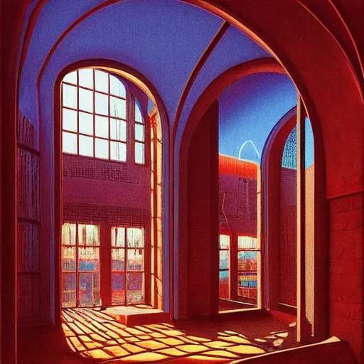 Prompt: Modern interior with arched windows, neon lighting, dramatic, fantasy, by Moebius, by zdzisław beksiński, Fantasy LUT, epic composition,