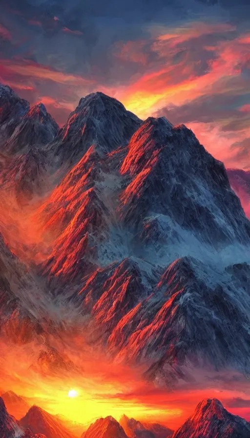 Prompt: enormously detailed hd photo of colorful sunset on mountains, atmospheric lighting, highly quality detailed fantasy painting, 8K detail post-processing