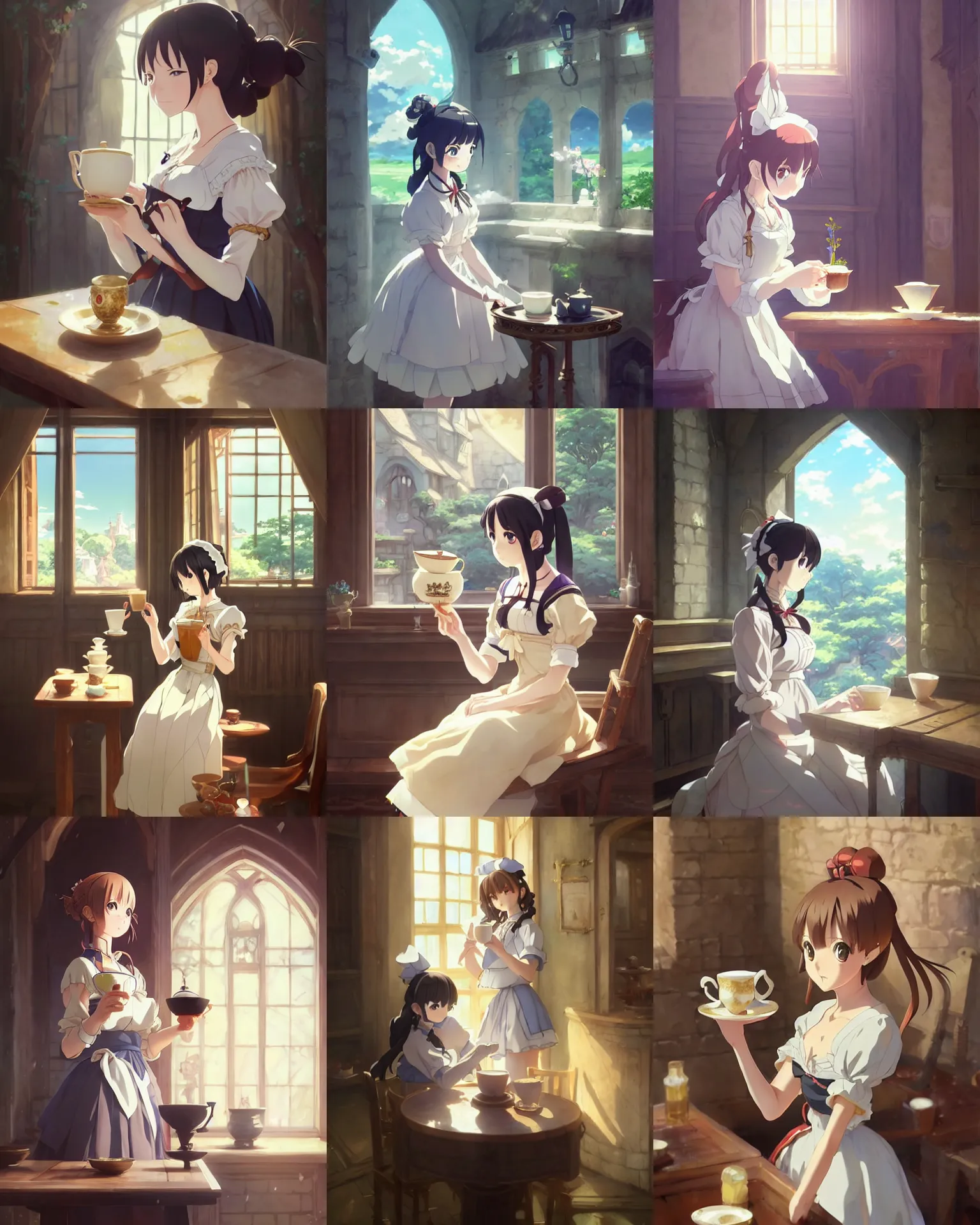 Image similar to cute - fine - face, pretty face, key visual, anime key visual concept art of anime maid pouring tea gracefully, medieval european style noble manor interior, trending on artstation, brush strokes, oil on canvas, style of kawacy and makoto shinkai and greg rutkowski and studio ghibli