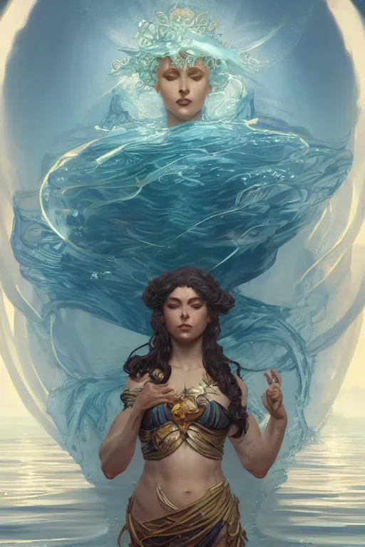 Image similar to goddess of the ocean, accurate anatomy, only two hands, highly detailed, digital painting, artstation, concept art, smooth, sharp focus, illustration, Unreal Engine 5, 8K, art by Ross Tran and greg rutkowski and alphonse Mucha