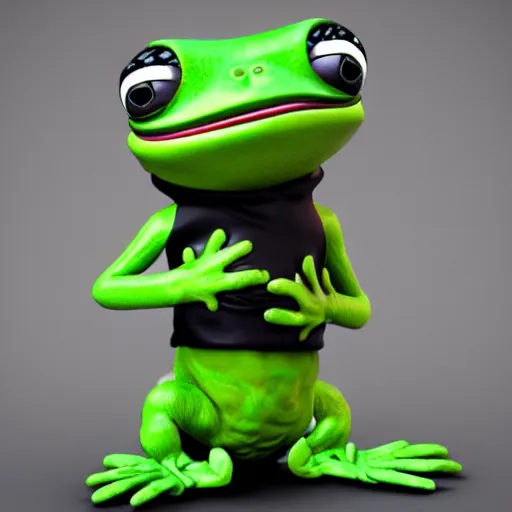 Image similar to perfectly accurate miniature figure of pepe the frog wearing jeans and a black leather jacket, soft textures, skin texture, clothing, 3d sculpture, textured, fine detail, lifelike, photo, high resolution, octane render, post processing, after effects, trending on artstation