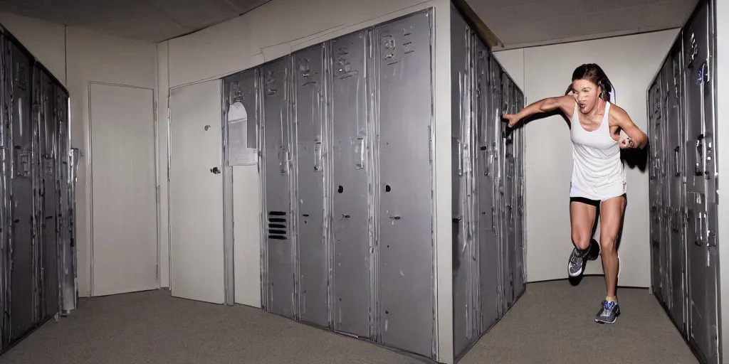 Prompt: Jessica Biel running terrified through an abandoned locker room at night