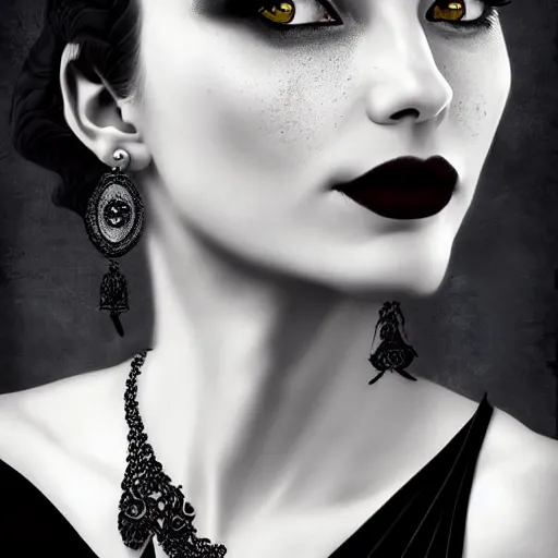 Prompt: digital art painting portrait of elegant gothic lady with earrings, black and white, black colours, hard edges, high quality, textured, caestrad, dark background, mystic, perfect lighting, high contrast, arstation, artgerm, wlop, 4 k