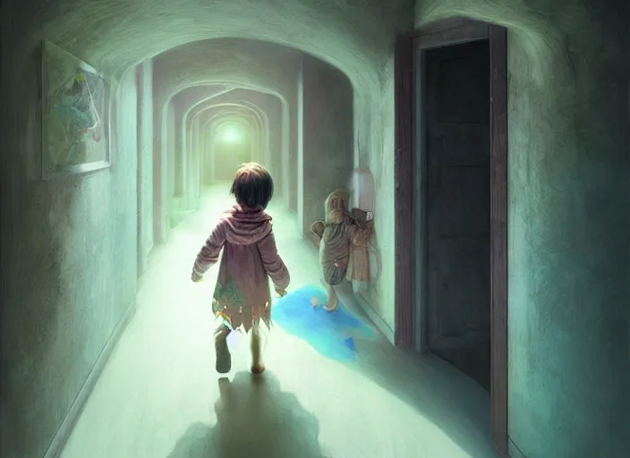 Image similar to a child walks through a hallway into dreams, fantastical surreal art, digital painting by dan volbert and mandy jurgens and deiv calviz and lim chuan shin