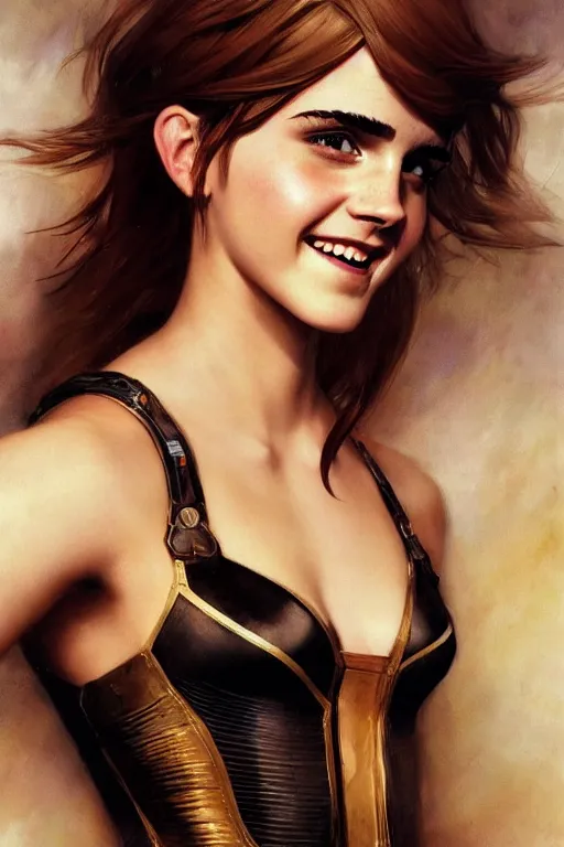 Image similar to emma watson smiling closeup portrait futuristic fractal fightsuit bustier armoured shorts gaston bussiere craig mullins j. c. leyendecker short wet hair