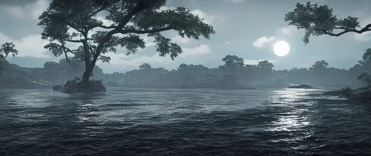 Image similar to The moonlight shines on the wide river, Ghost of Tsushima, finely rendered, Unreal Engine 5, realistic