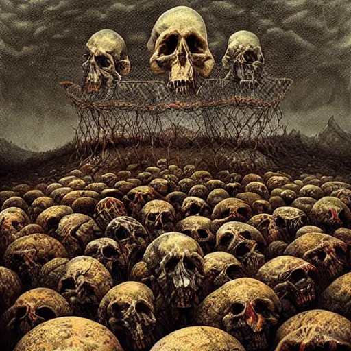 Image similar to a hyperrealistic painting of a psychedelic landscape, structures made of human skulls, by anton semenov and santiago caruso, highly detailed, vivid color,