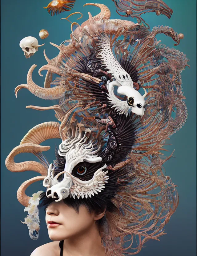 Image similar to 3 d goddess half - turn portrait with ram skull. beautiful intricately detailed japanese crow kitsune mask and clasical japanese kimono. betta fish, jellyfish phoenix, bio luminescent, plasma, ice, water, wind, creature, artwork by tooth wu and wlop and beeple and greg rutkowski