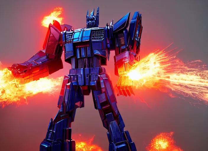 Prompt: optimus prime destroying a [ decepticon ], ultra realistic 4 k unreal engine very cinematic render with ray tracing bloom ambient occlusion strong reflections depth of field fog