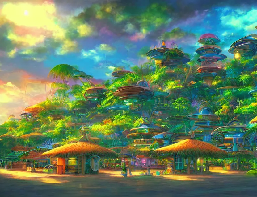 Prompt: futuristic but cozy fantasy village at a tropical coast. this air brush painting by the award - winning anime artist has an interesting color scheme, plenty of details and impeccable lighting.