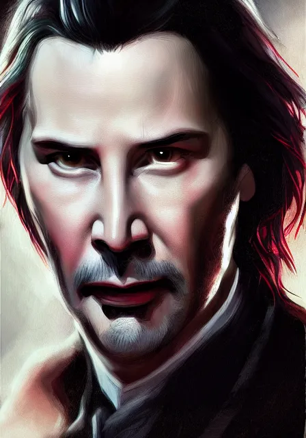 Image similar to keanu reeves as dracula, highly detailed, digital painting, artstation, concept art, smooth, sharp focus, illustration