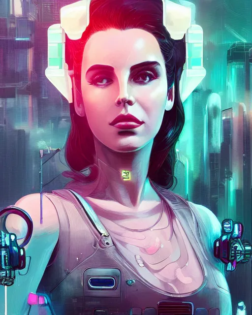 Image similar to portrait of lana del rey as a cyberpunk cyborg. roses, sci - fi, missing panels, intricate abstract, upper body, intricate artwork, by tooth wu, wlop, beeple, dan mumford. concept art, 8 k octane render, deviantart, greg rutkowski, cinematic, key art, hyperrealism, iridescent accents