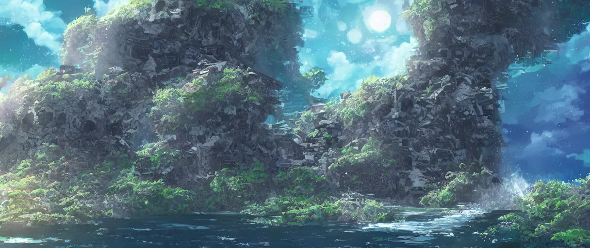 Image similar to a small crumbling island in space with waterfalls, studio ghibli, digital art, detailed, depth of field