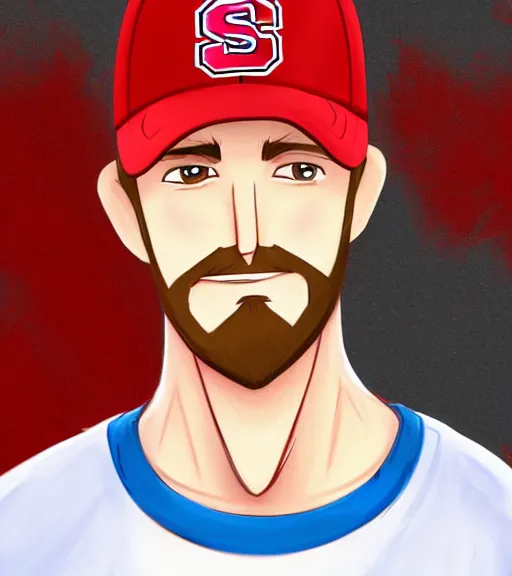 Image similar to tall skinny white guy with very short blonde beard wearing a nc state red baseball cap and red shirt full color digital illustration in the style of don bluth, artgerm, artstation trending, 4 k