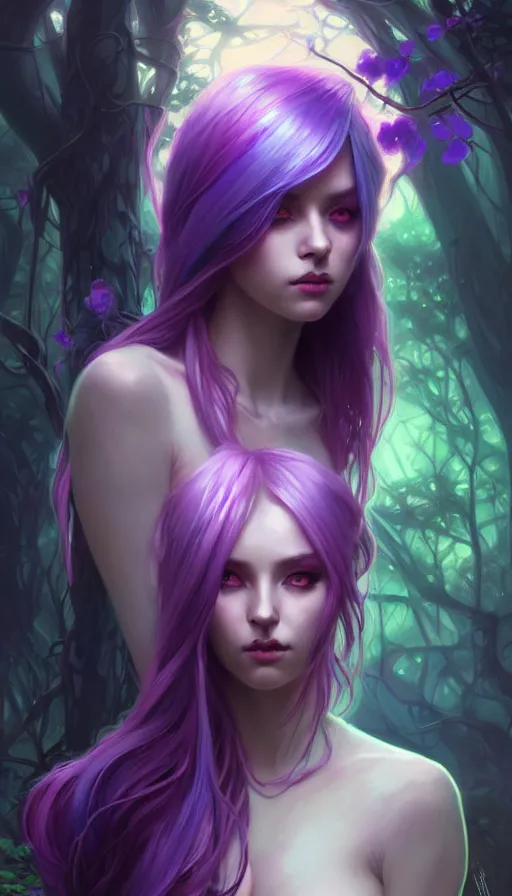 Prompt: stunningly beautiful female neon and purple hair, fantasy art, fae priestess, lush forest landscape, dark light night, goddess sharp focus, digital, painting, 8 k, concept art, art by wlop, artgerm, greg rutkowski and alphonse mucha