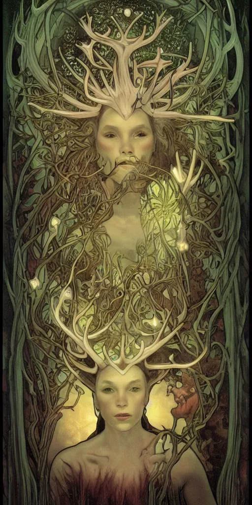 Image similar to intense bioluminescent pagan god with antlers and fangs and intense glowing eyes in very dark forest by mark ryden and alphonse mucha, portrait, fantasy, clear, light beams, lens flare, intense, uhd, amazing depth, cinematic lighting