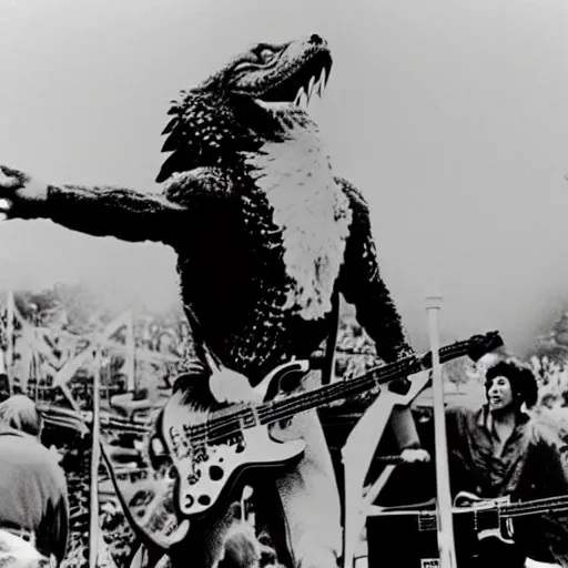 Prompt: Godzilla as Jimi Hendrix performing on stage at Woodstock, photo