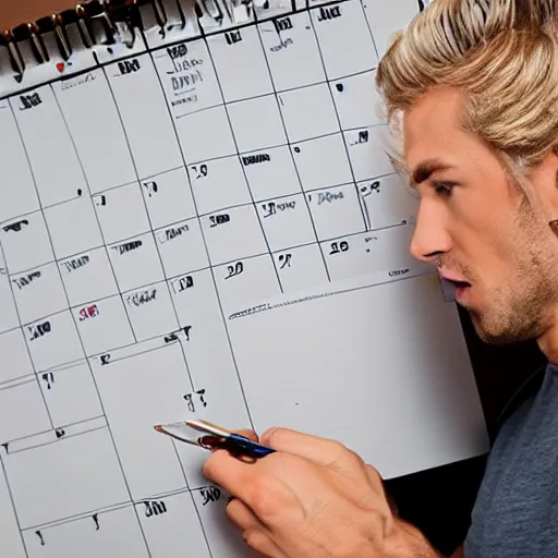 Image similar to A blond, muscular man writes an appointment in his calendar